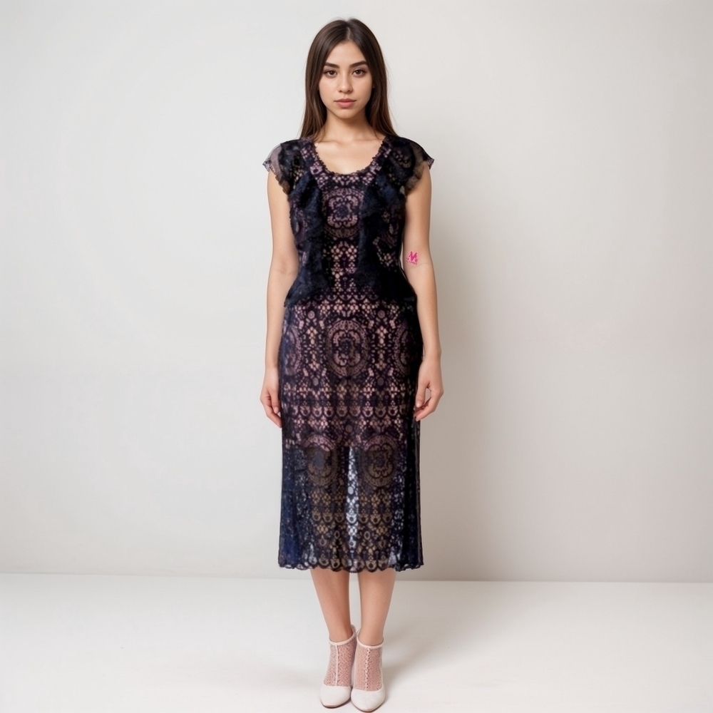 ALEXIS Narasse Dark Romantic Feminine Black Lace Racer Back Ruffle Midi Dress -S